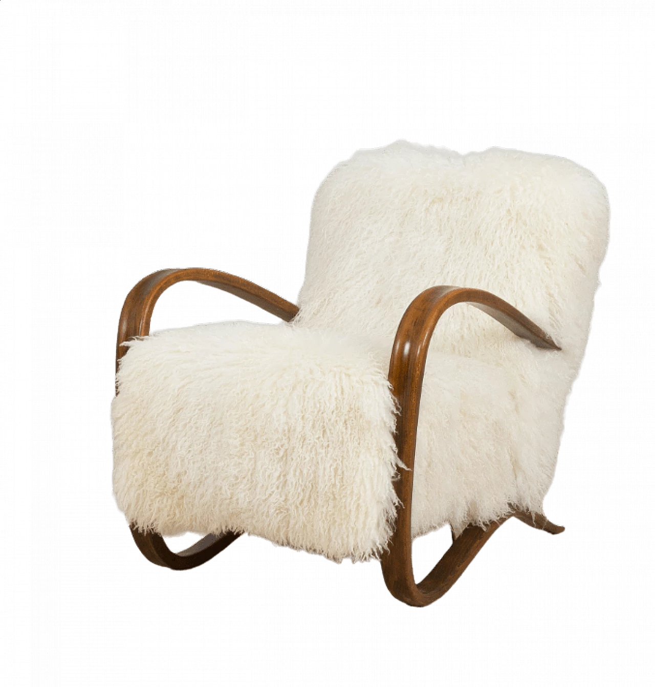 Armchair 269 made of wood and sheepskin by Jindrich Halaba, 1930s 4