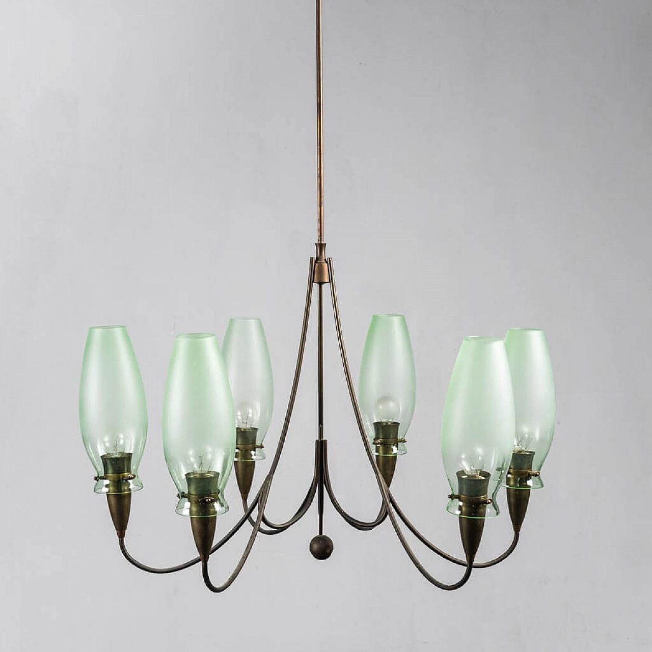 6-light brass and glass chandelier, 1950s 1