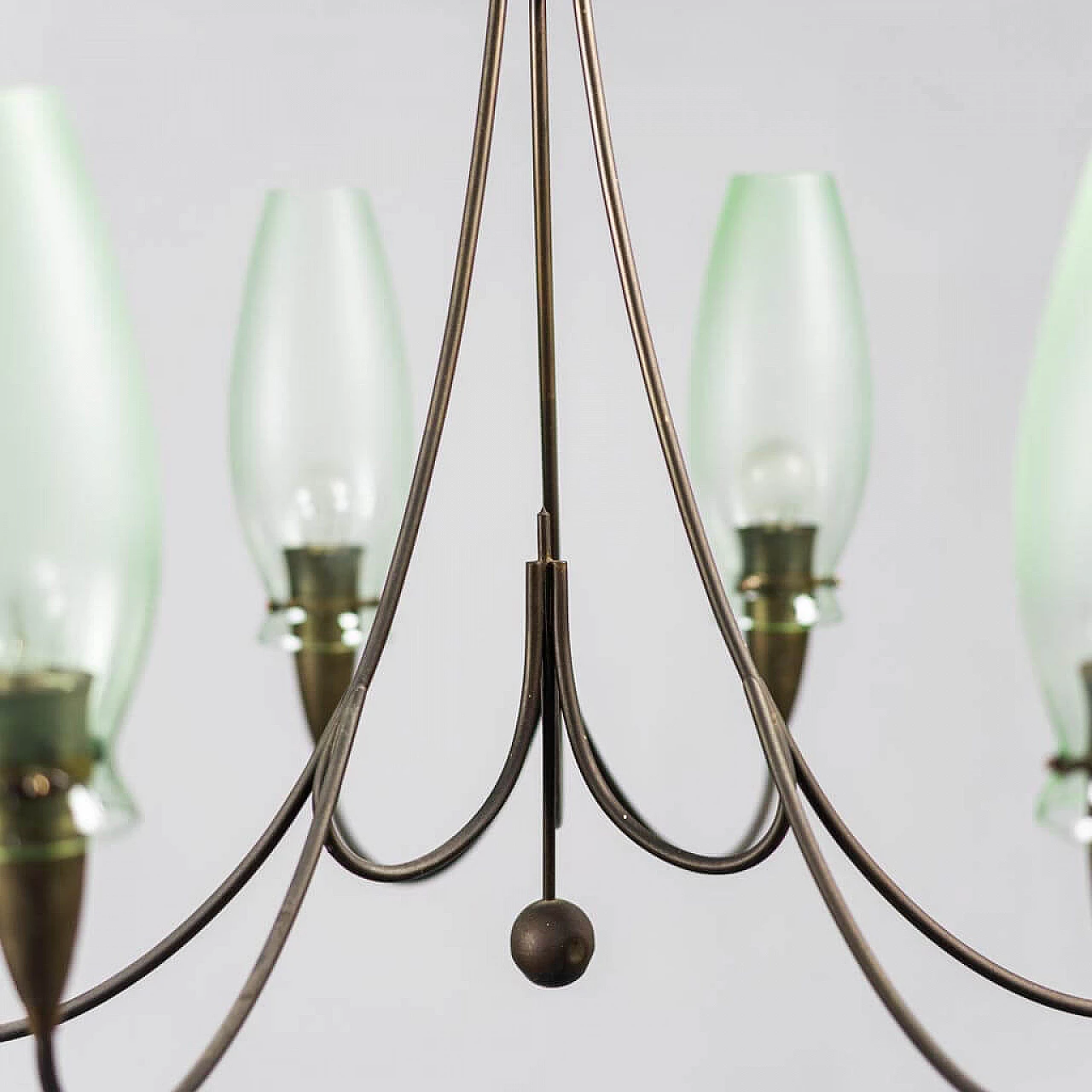 Lampadario a 6 luci in ottone e vetro, anni '50 2