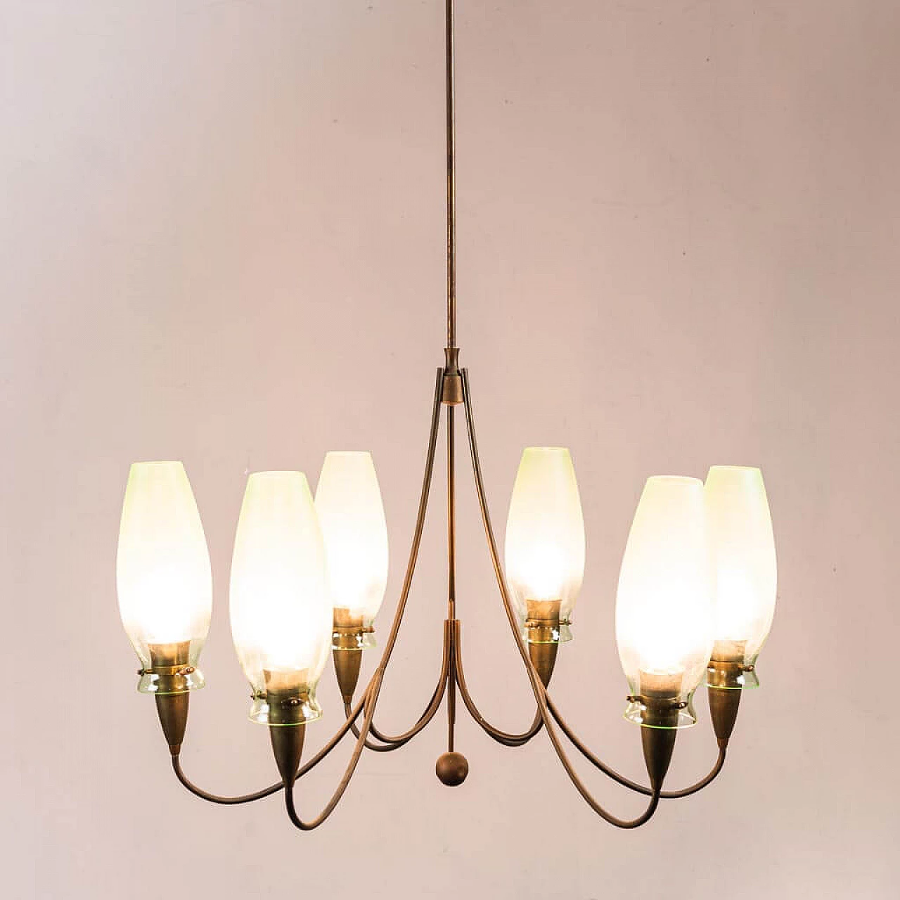 Lampadario a 6 luci in ottone e vetro, anni '50 5