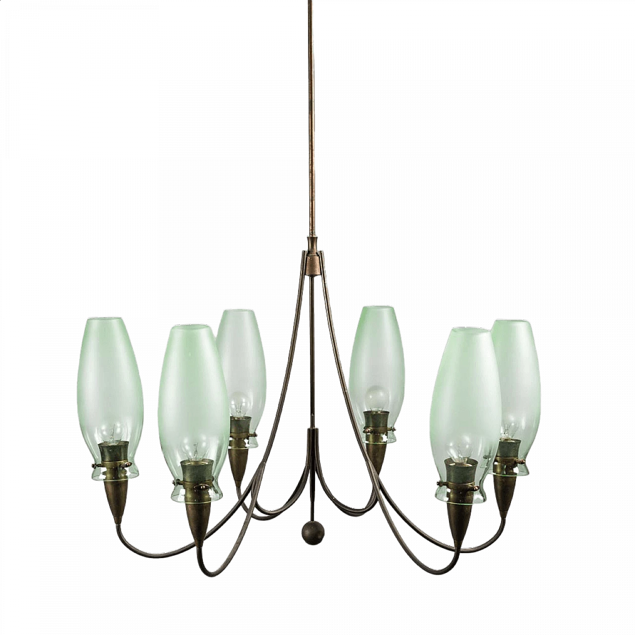 6-light brass and glass chandelier, 1950s 10