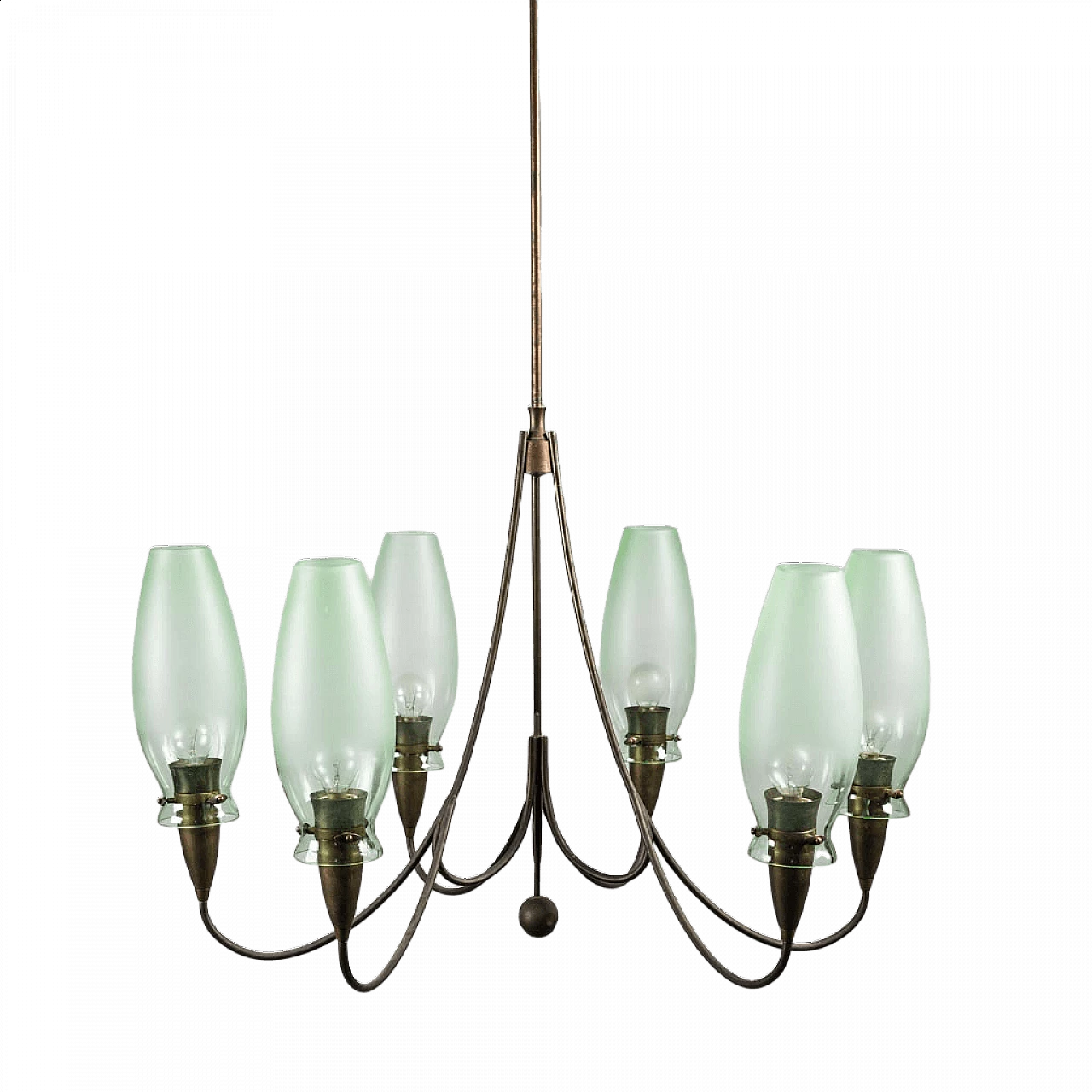 Lampadario a 6 luci in ottone e vetro, anni '50 10