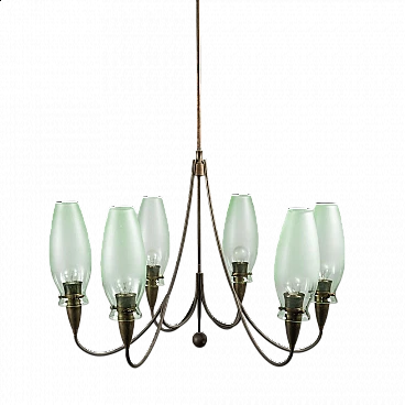 6-light brass and glass chandelier, 1950s