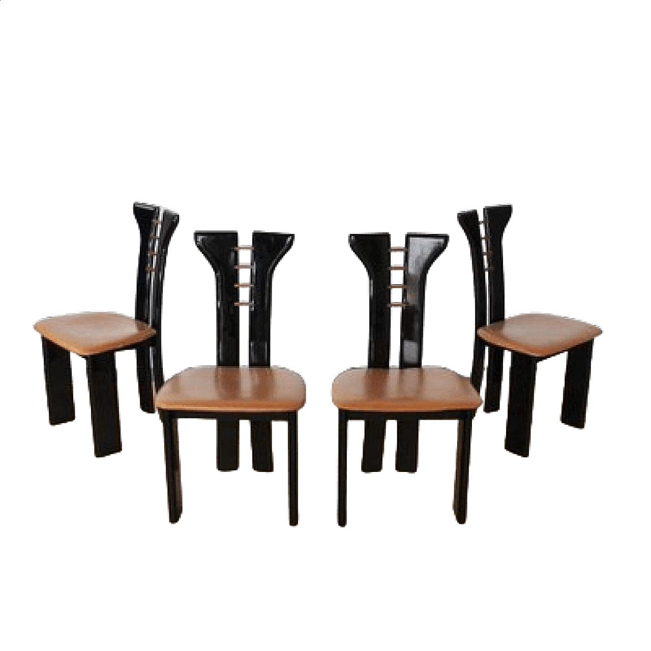4 Sedie in legno laccato nero con seduta in pelle di Pierre Cardin, anni '70 12