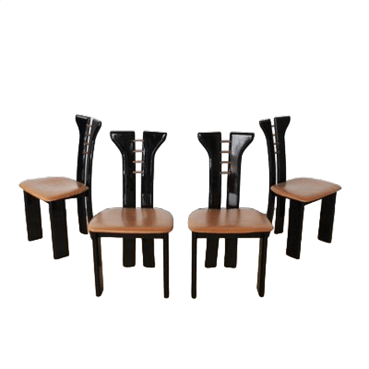 4 Black lacquered wooden chairs with leather seat by Pierre Cardin, 1970s 12