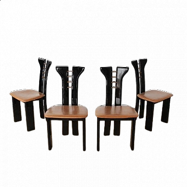 4 Sedie in legno laccato nero con seduta in pelle di Pierre Cardin, anni '70
