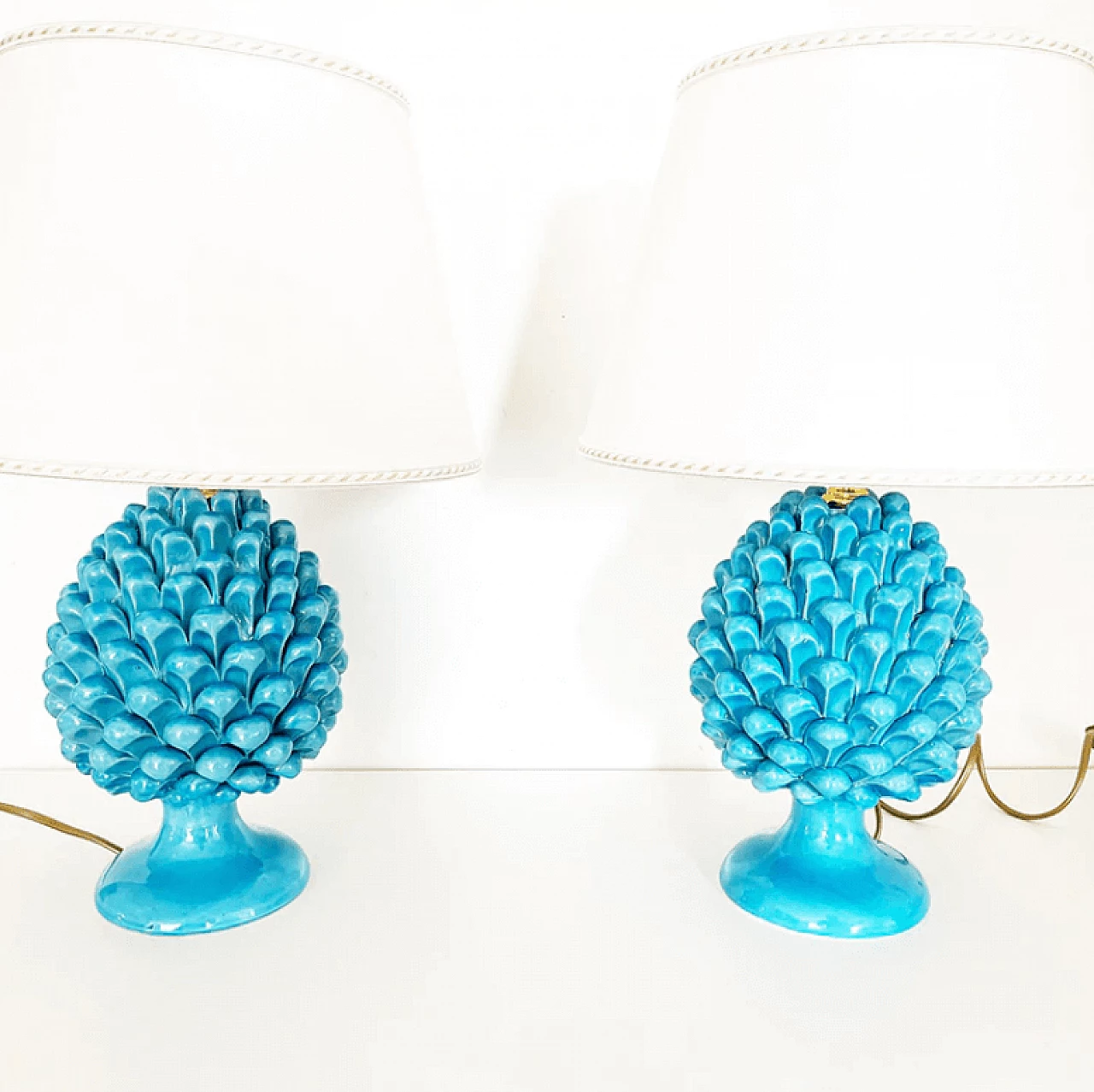 Pair of Caltagirone table lamps in the shape of turquoise pinecones 1