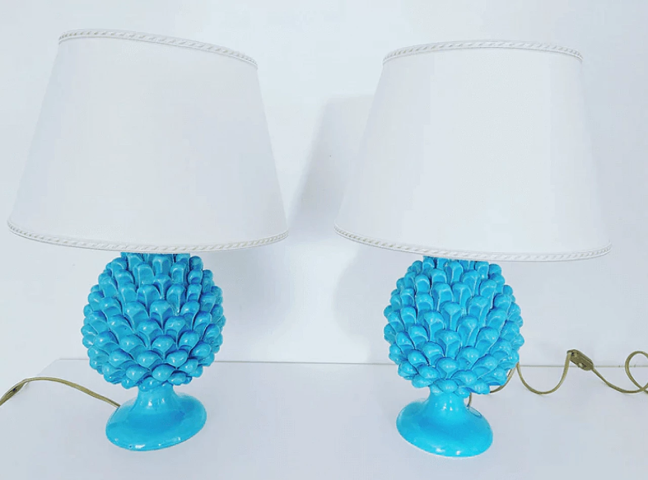 Pair of Caltagirone table lamps in the shape of turquoise pinecones 3