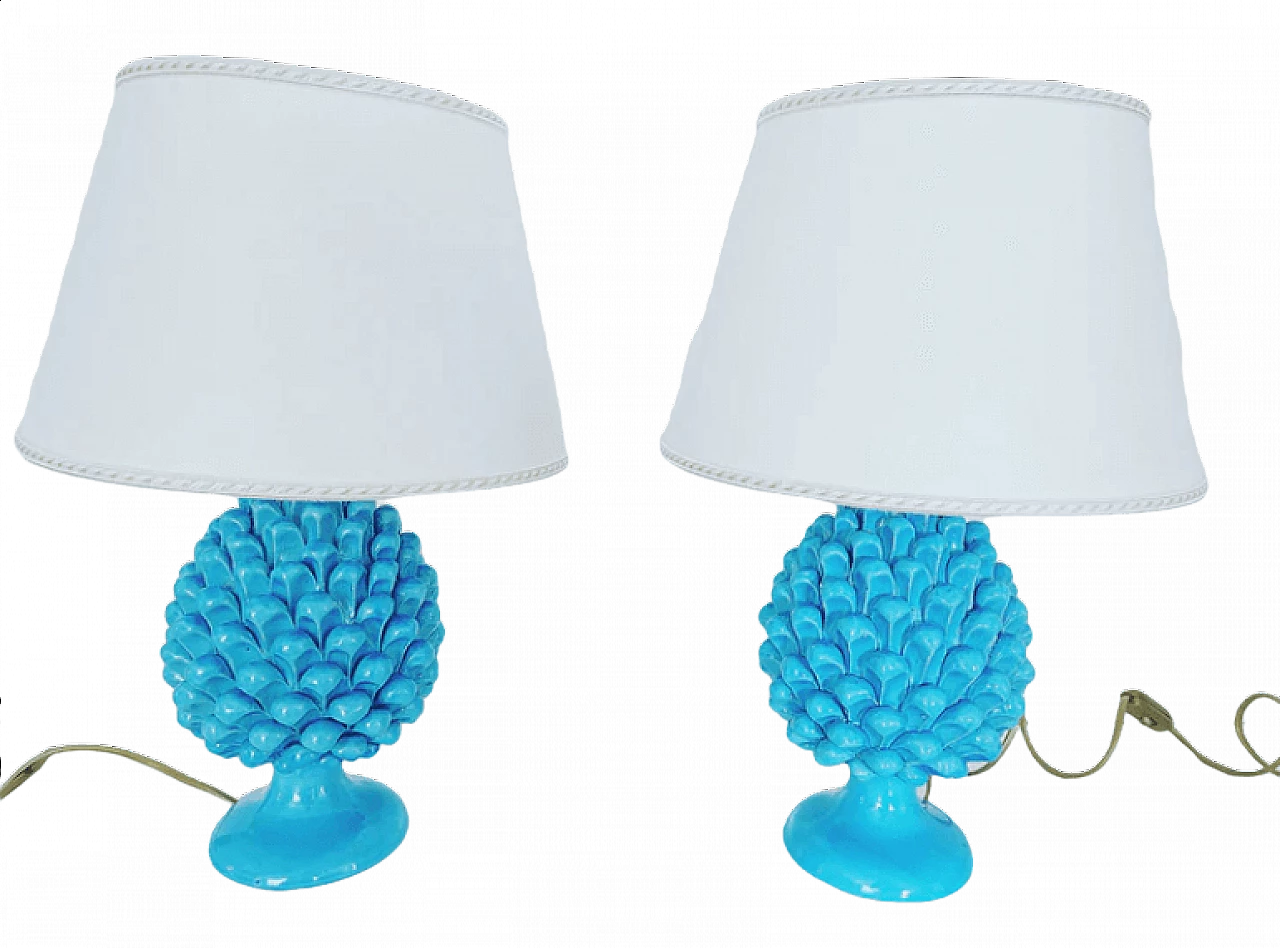 Pair of Caltagirone table lamps in the shape of turquoise pinecones 5