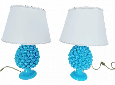Pair of Caltagirone table lamps in the shape of turquoise pinecones