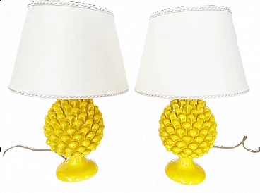 Pair of Caltagirone table lamps in the shape of a yellow pine cone