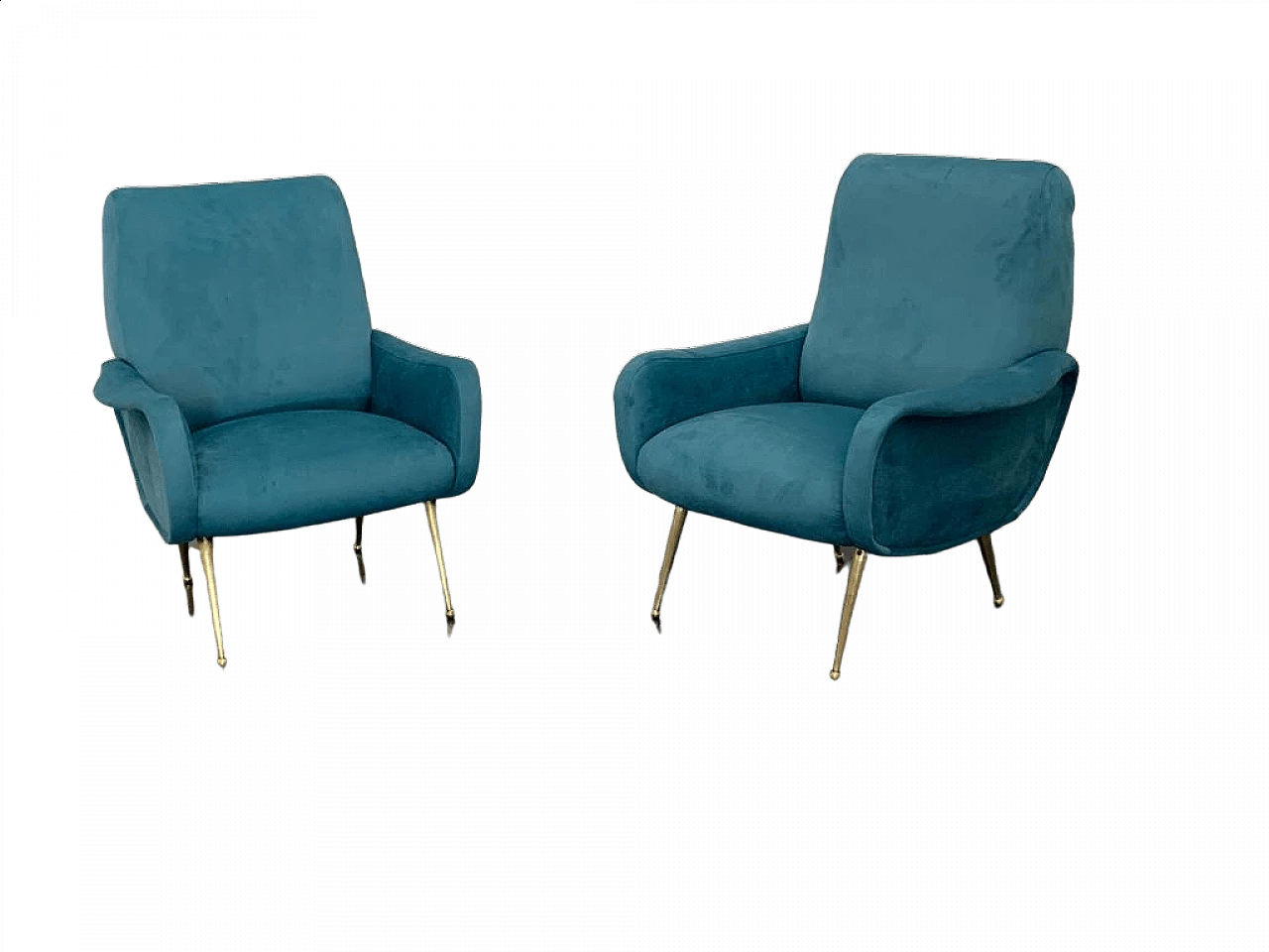 Pair of blue velvet armchairs in the style of Marco Zanuso, 1950s 10