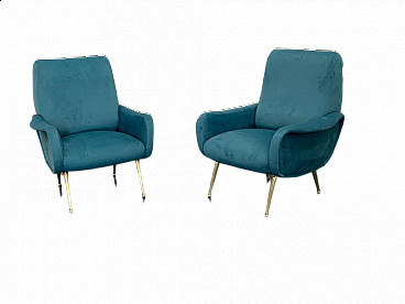Pair of blue velvet armchairs in the style of Marco Zanuso, 1950s