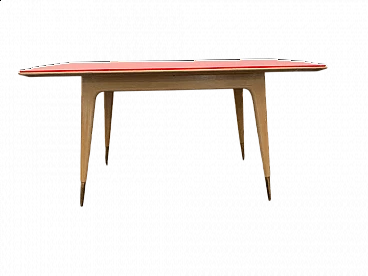 Maple table with round profiles and fuchsia top, 1950s