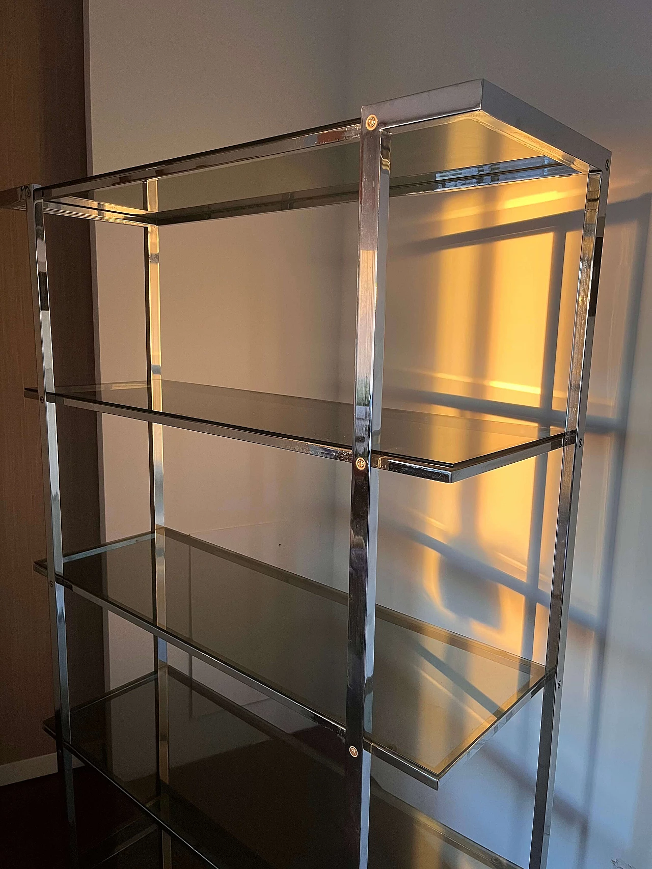 Chrome metal and smoked glass bookcase, 1970s 6