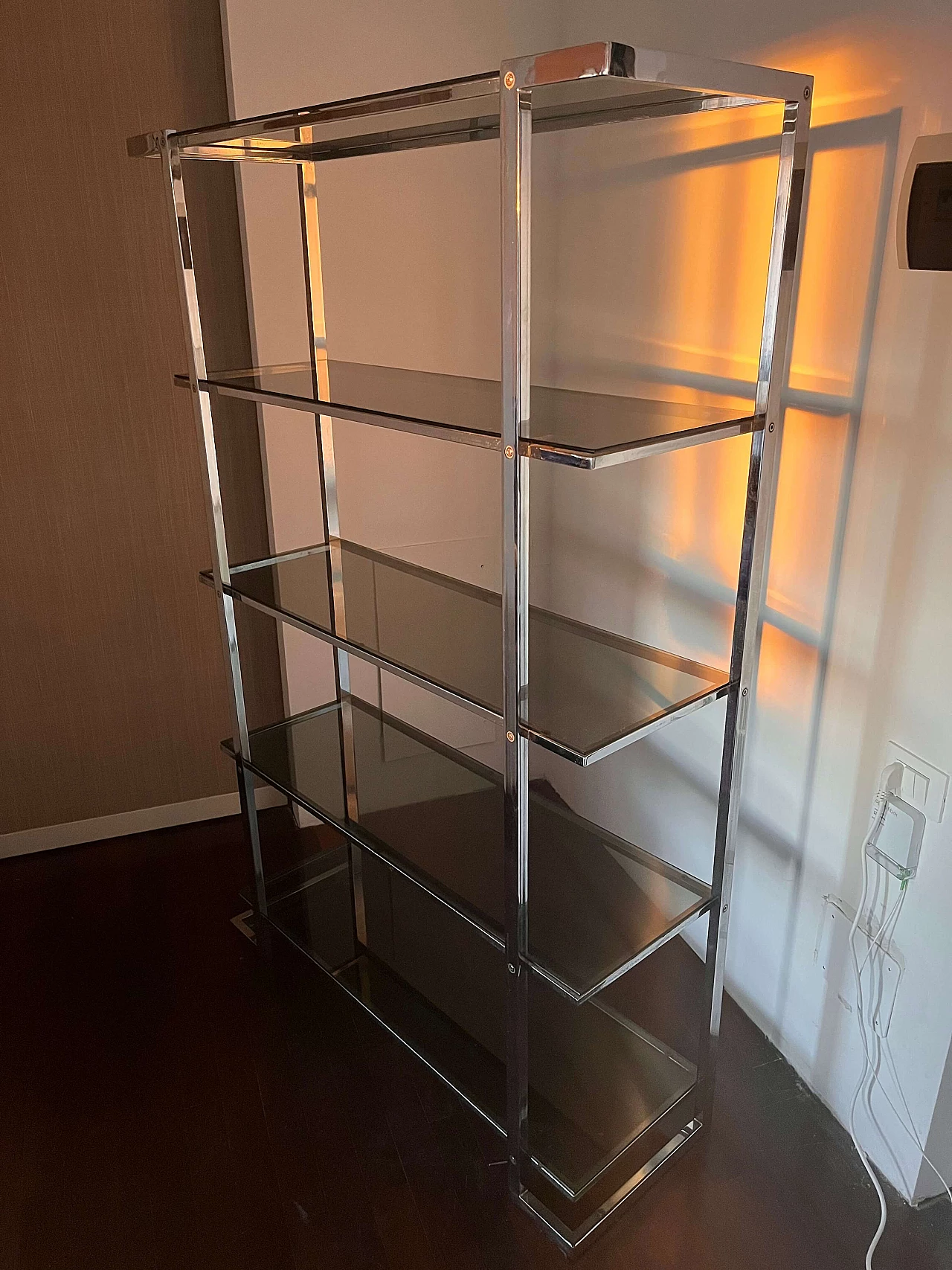 Chrome metal and smoked glass bookcase, 1970s 9