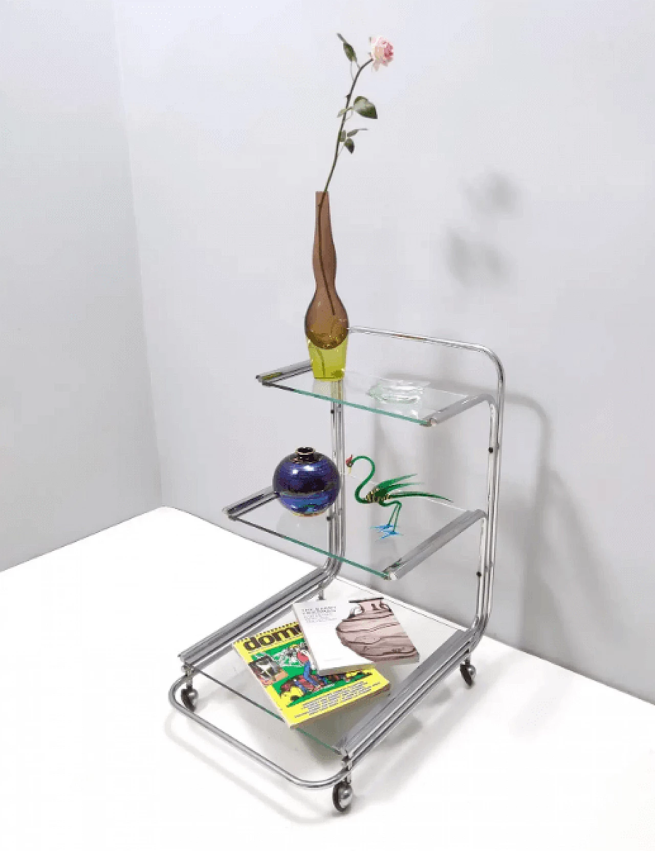 Serving cart with glass shelves by Fontana Arte, 1970s 2