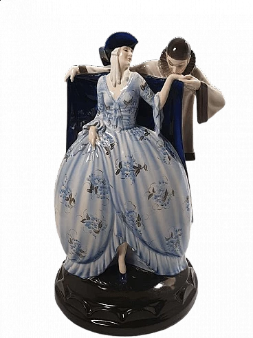 Scultura di Arlecchino e Colombina di Lorenzl in ceramica Goldscheider, anni '20