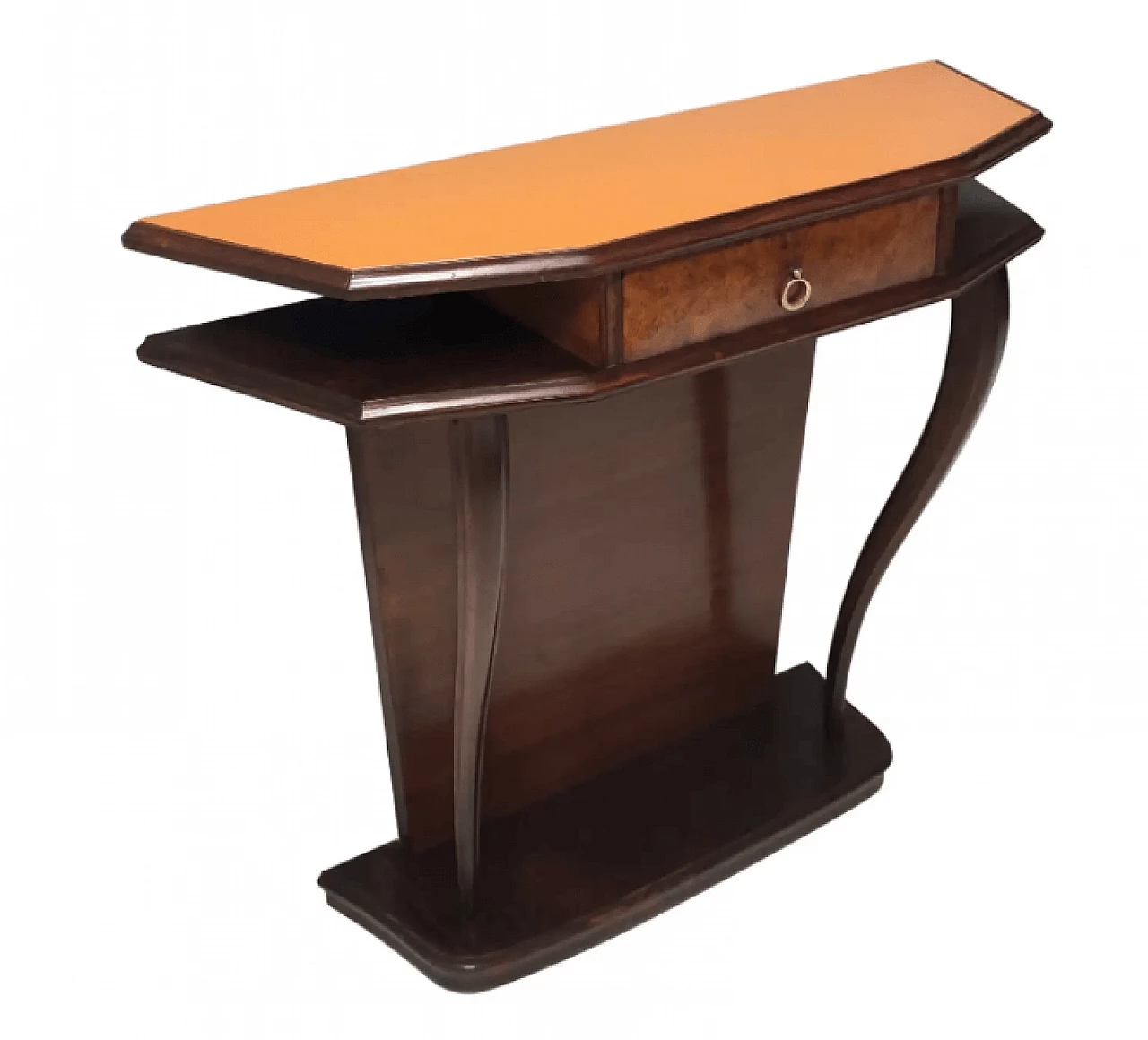 Consolle in faggio e radica di noce con piano in vetro arancione, anni '50 1