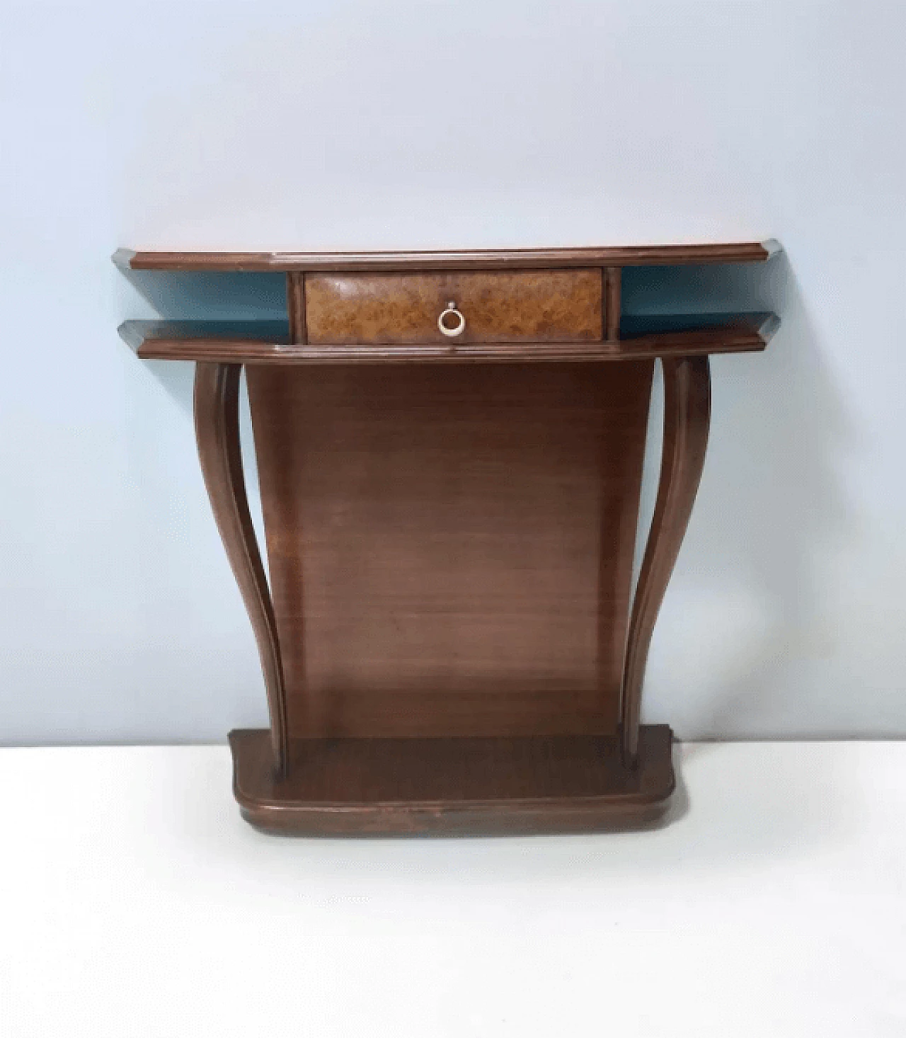 Consolle in faggio e radica di noce con piano in vetro arancione, anni '50 6