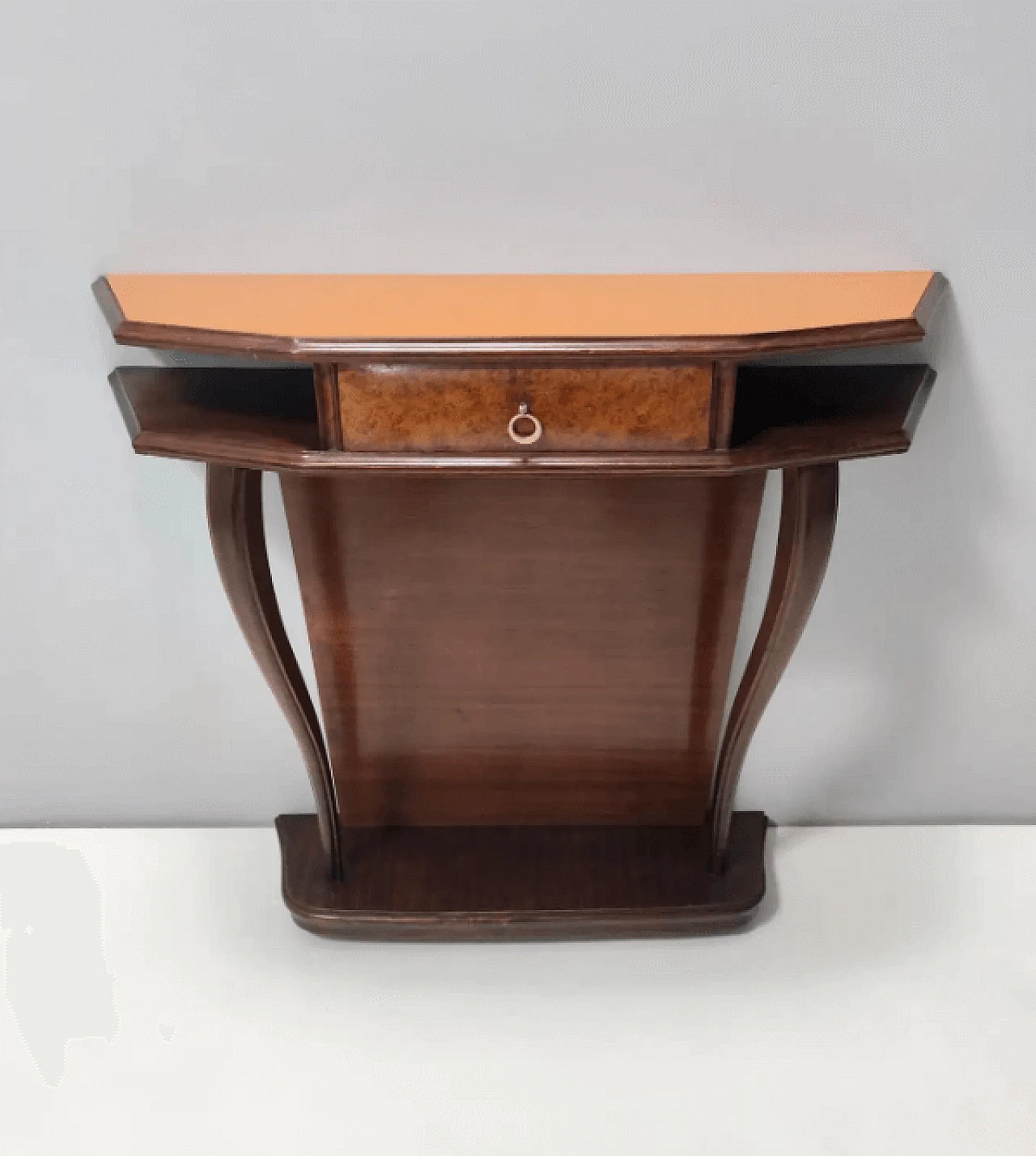 Consolle in faggio e radica di noce con piano in vetro arancione, anni '50 7