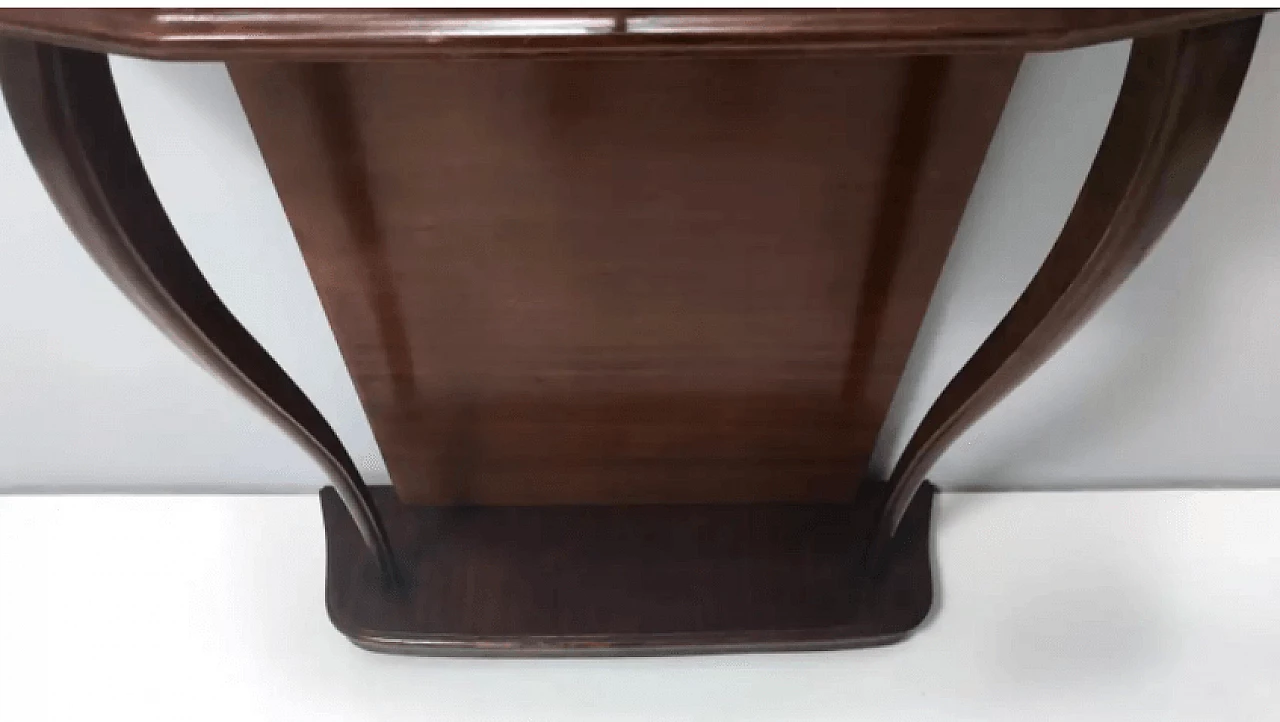 Consolle in faggio e radica di noce con piano in vetro arancione, anni '50 14