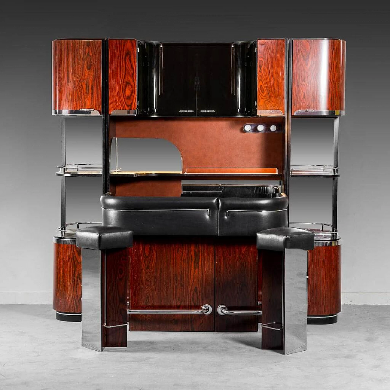 Wooden bar cabinet with marble top and stools, 1970s 1