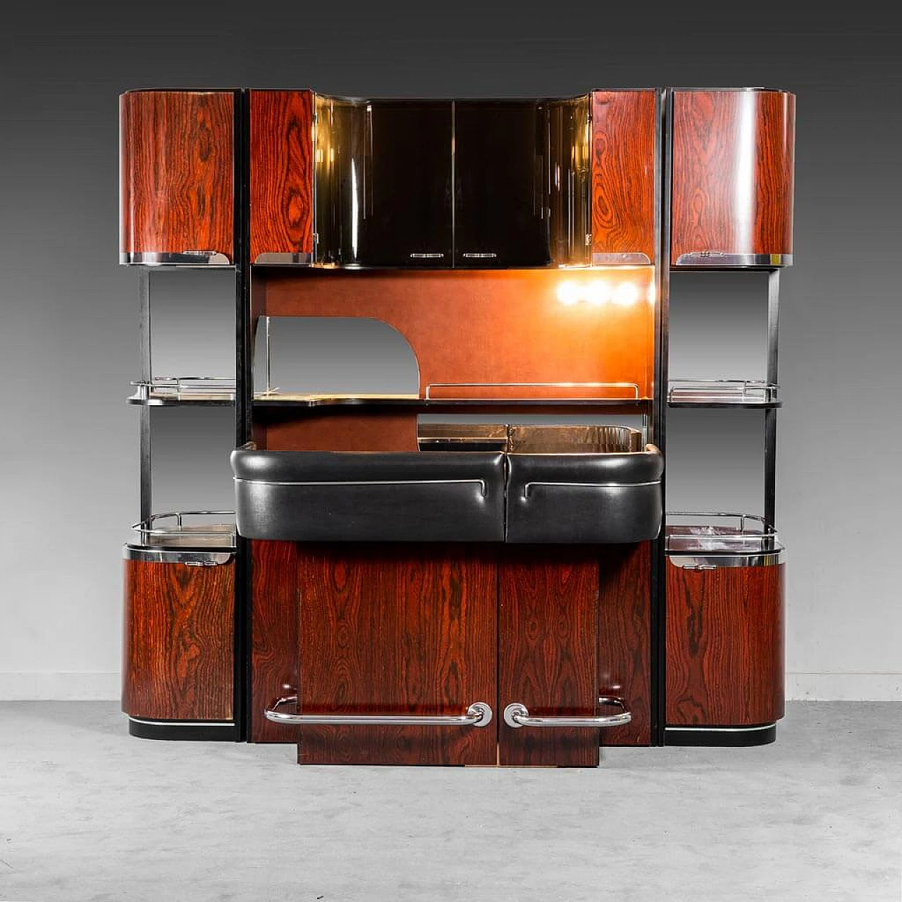 Wooden bar cabinet with marble top and stools, 1970s 4