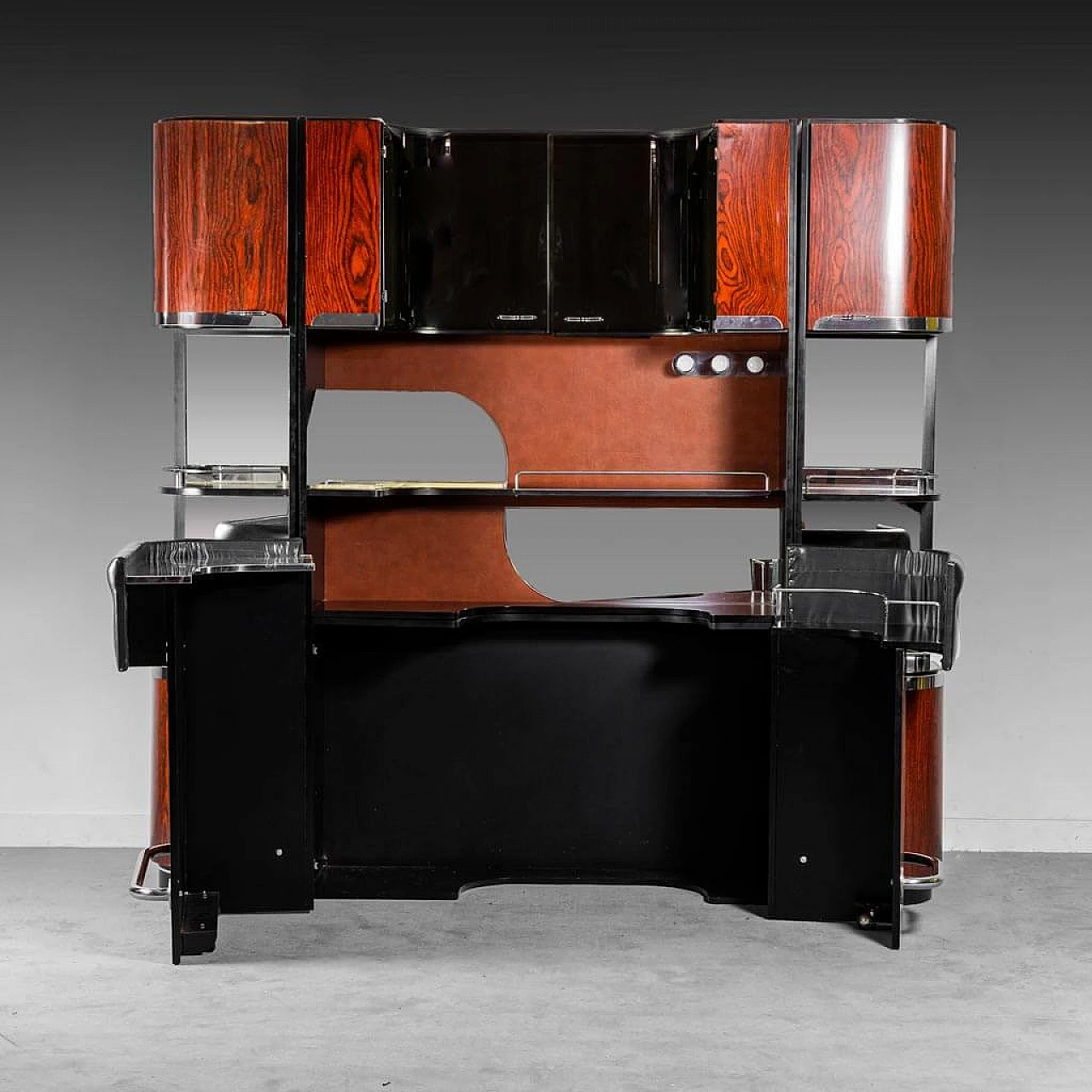 Wooden bar cabinet with marble top and stools, 1970s 8