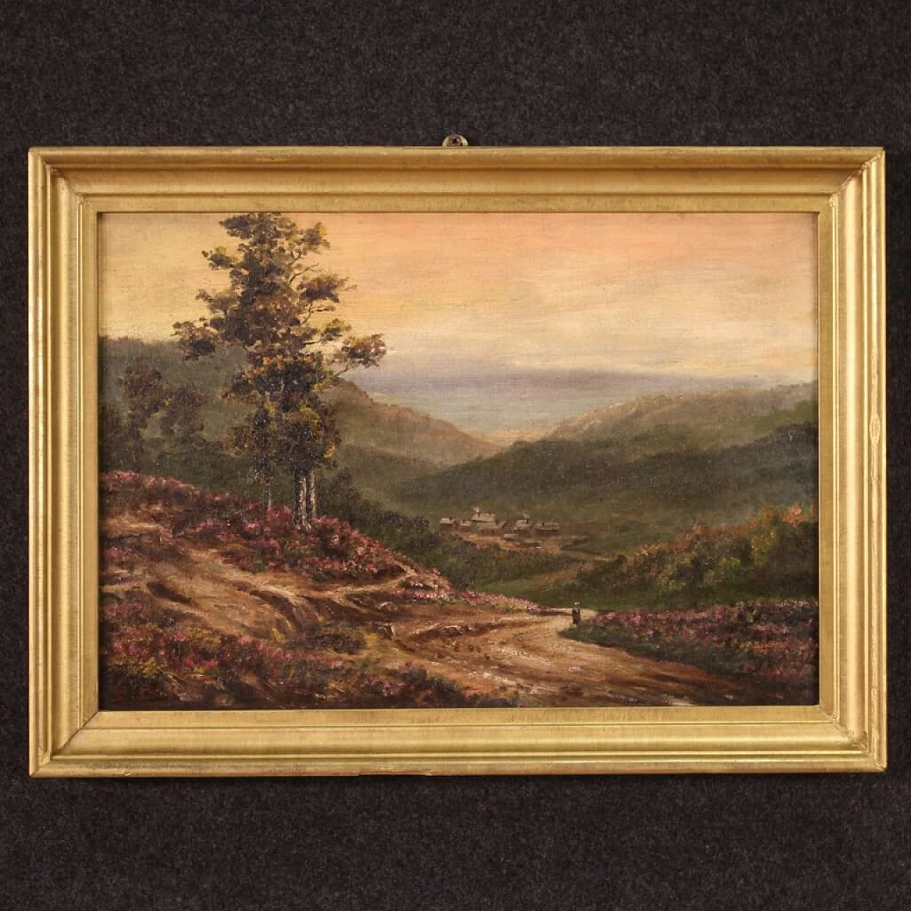 Oil on canvas depicting small romantic landscape, 1920s 1