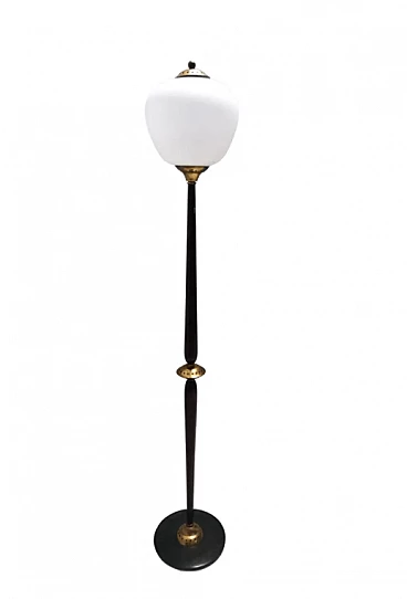 Opaline glass beech and brass floor Lamp with marble base, 1950s