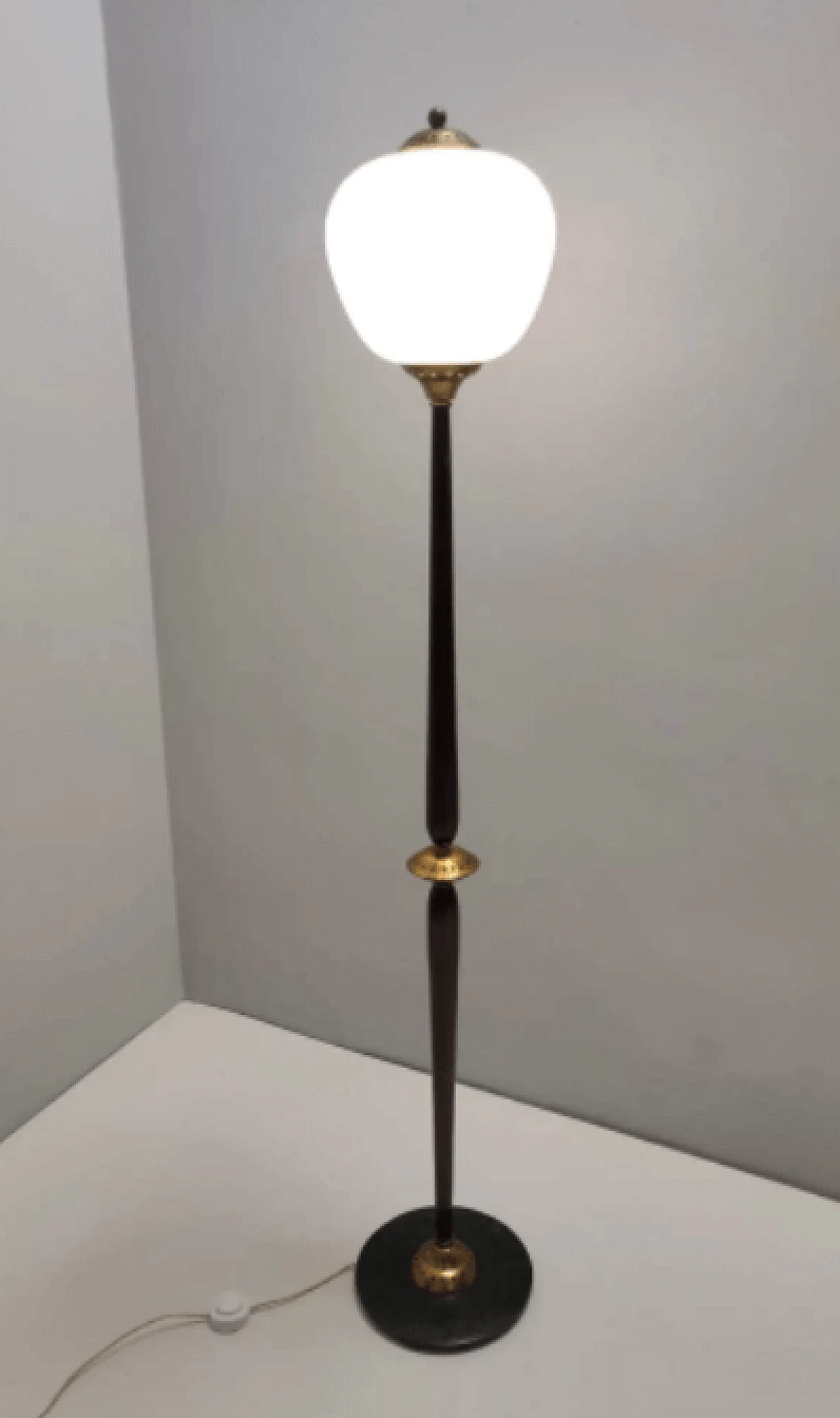 Opaline glass beech and brass floor Lamp with marble base, 1950s 2