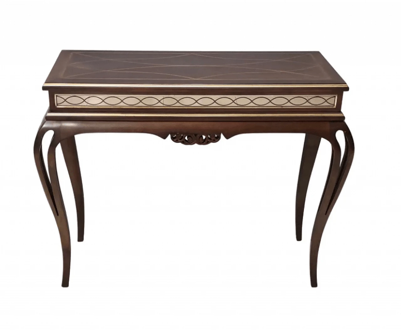 Rectangular solid walnut console table with engraved mirror motif, 1980s 1