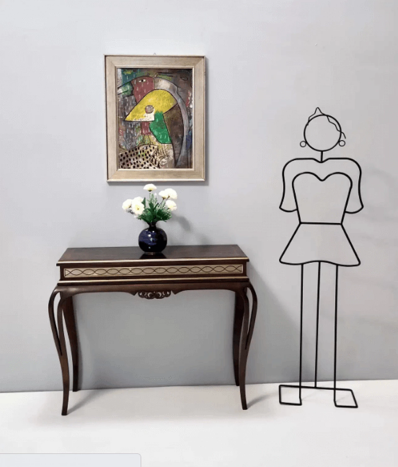 Rectangular solid walnut console table with engraved mirror motif, 1980s 2