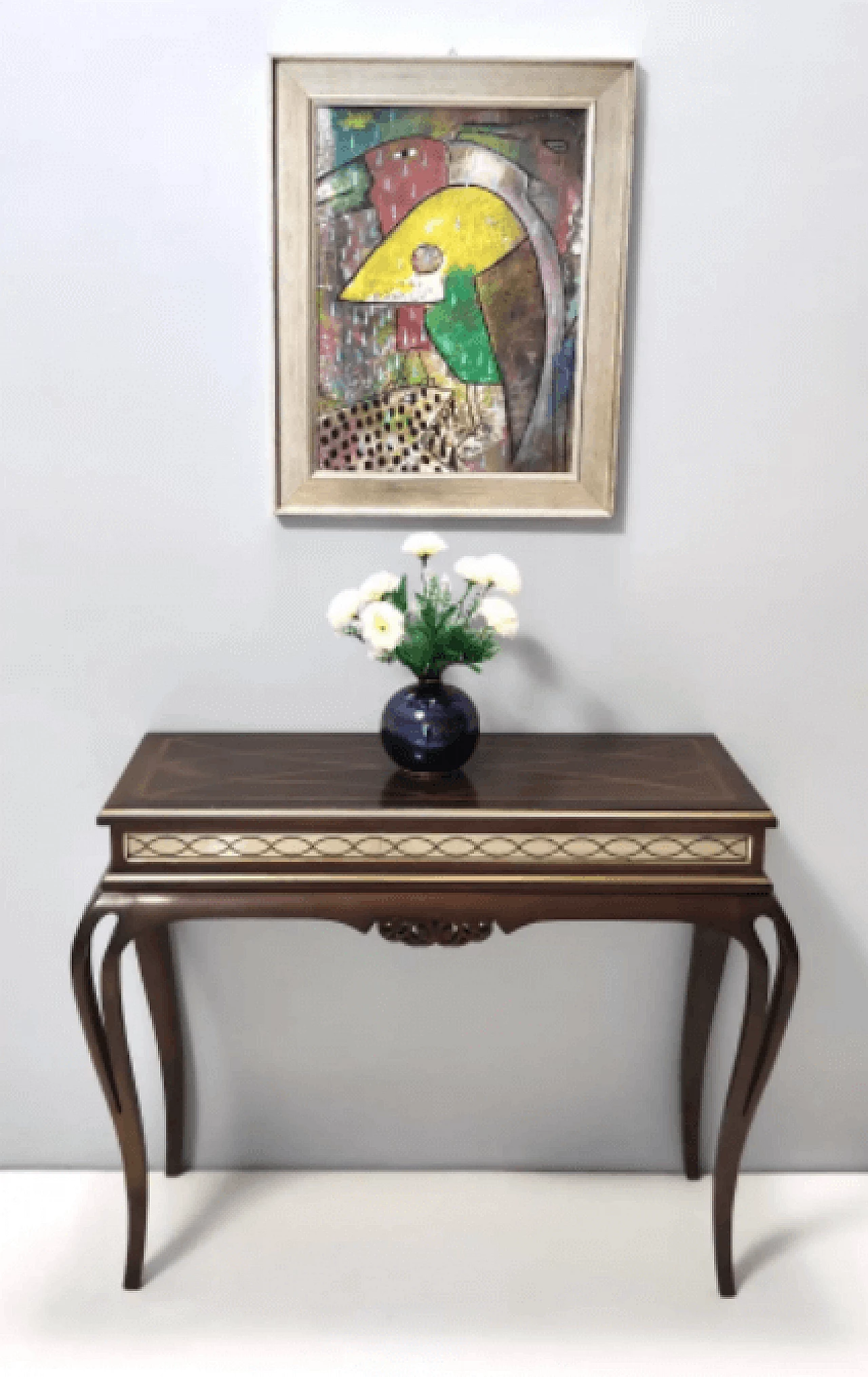 Rectangular solid walnut console table with engraved mirror motif, 1980s 3