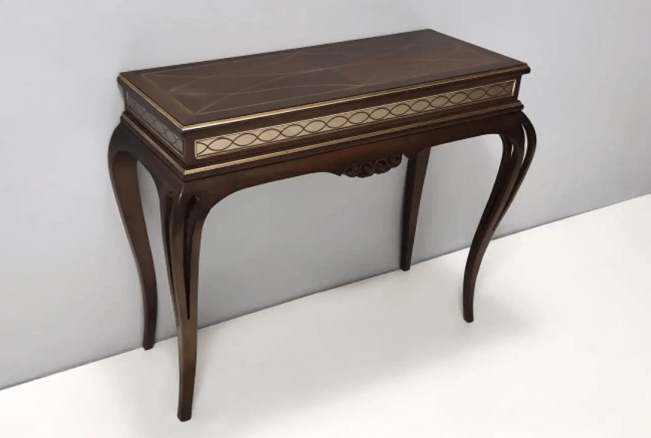 Rectangular solid walnut console table with engraved mirror motif, 1980s 4