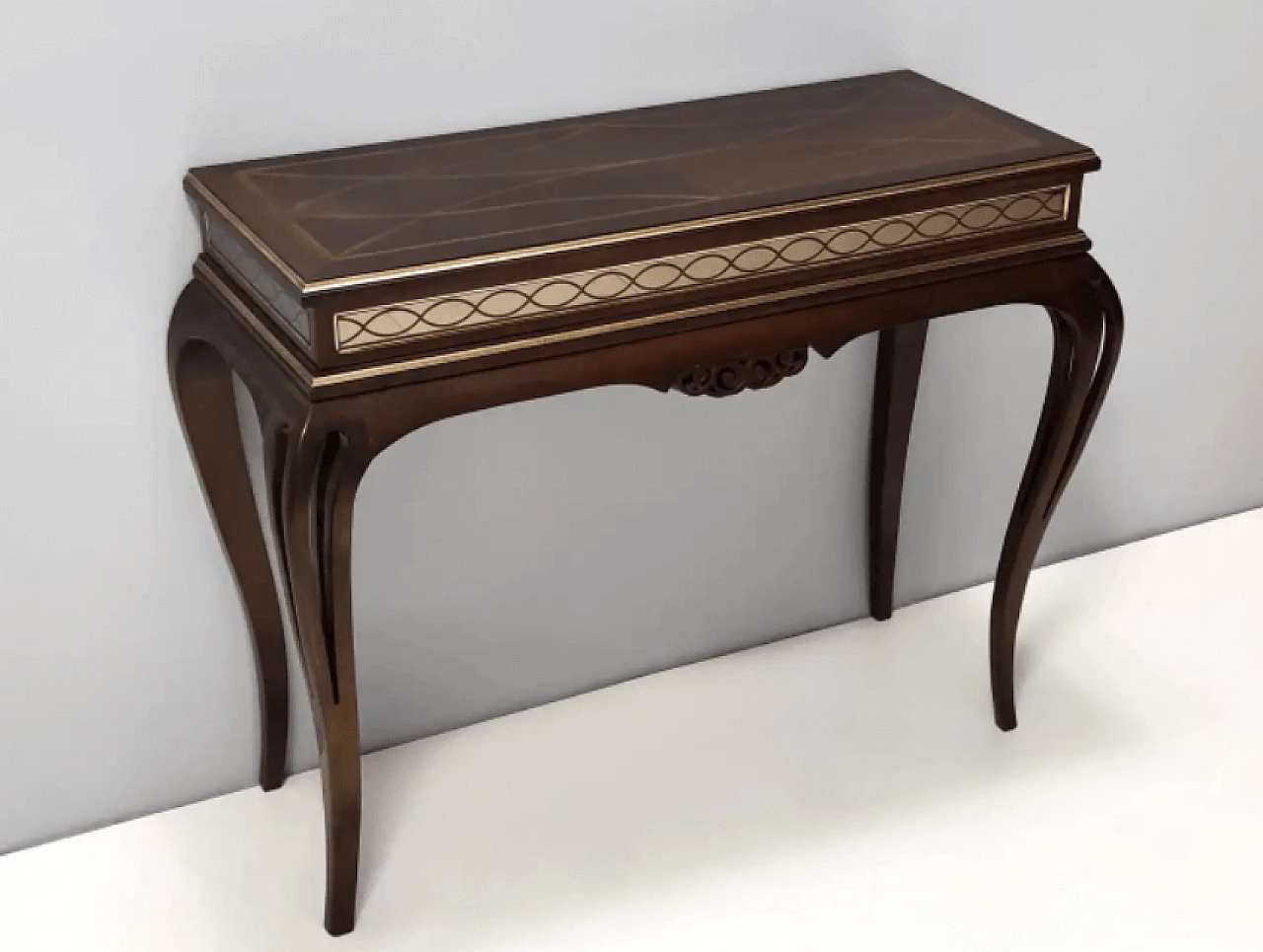 Rectangular solid walnut console table with engraved mirror motif, 1980s 5