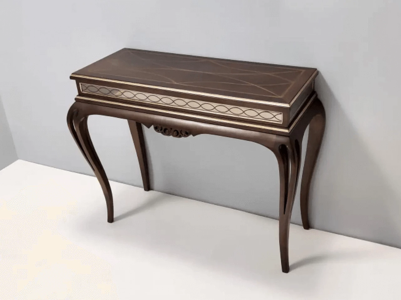 Rectangular solid walnut console table with engraved mirror motif, 1980s 6
