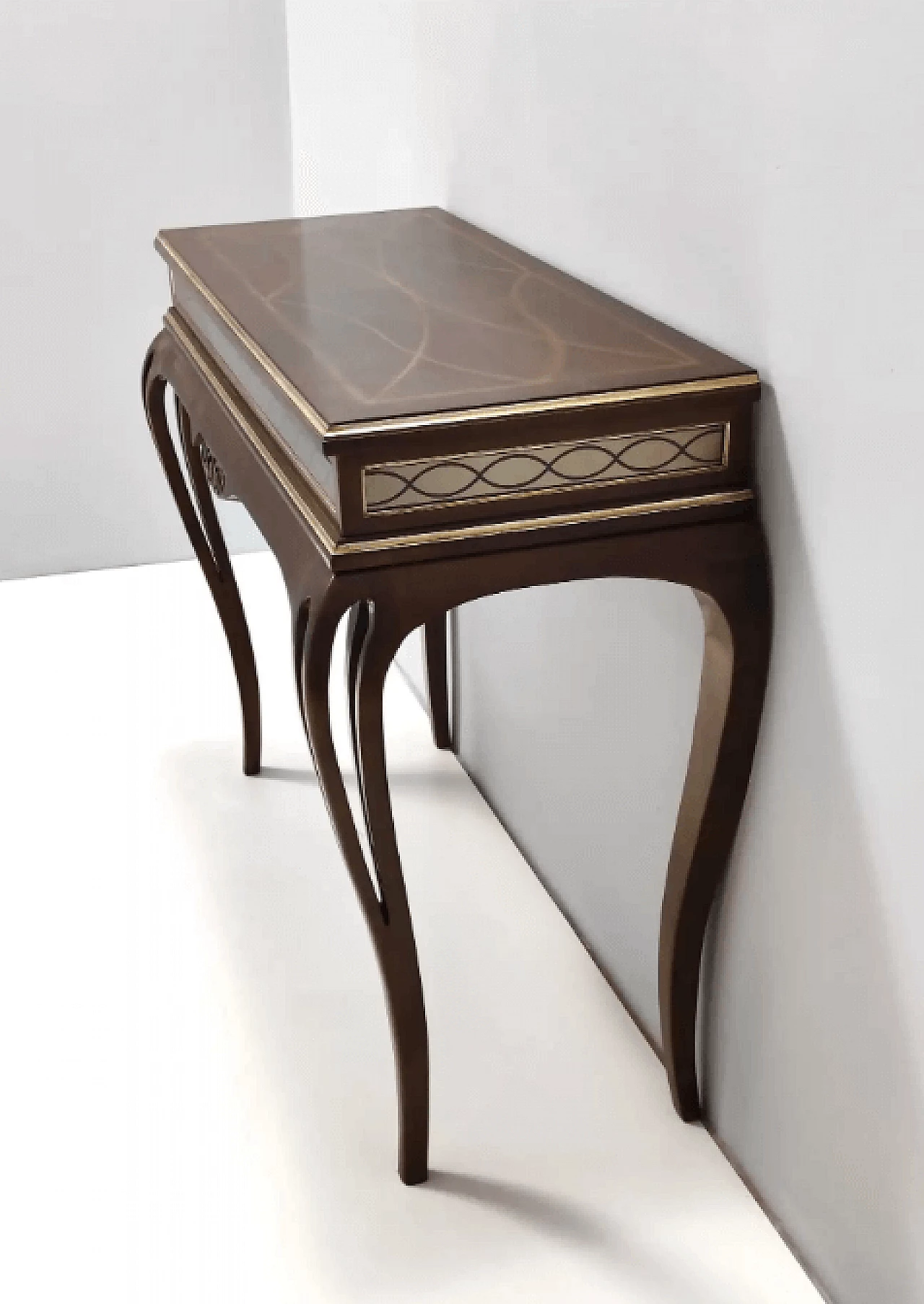Rectangular solid walnut console table with engraved mirror motif, 1980s 7