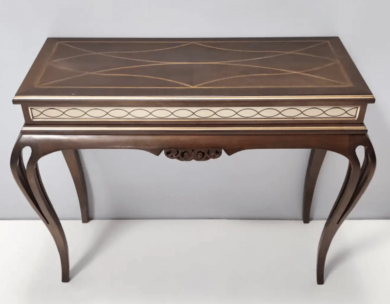 Rectangular solid walnut console table with engraved mirror motif, 1980s 8