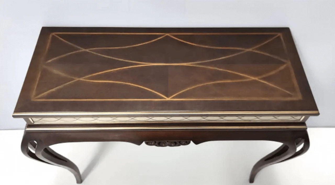 Rectangular solid walnut console table with engraved mirror motif, 1980s 9