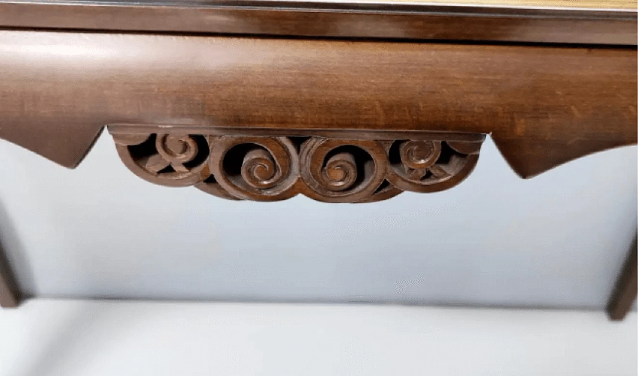 Rectangular solid walnut console table with engraved mirror motif, 1980s 10