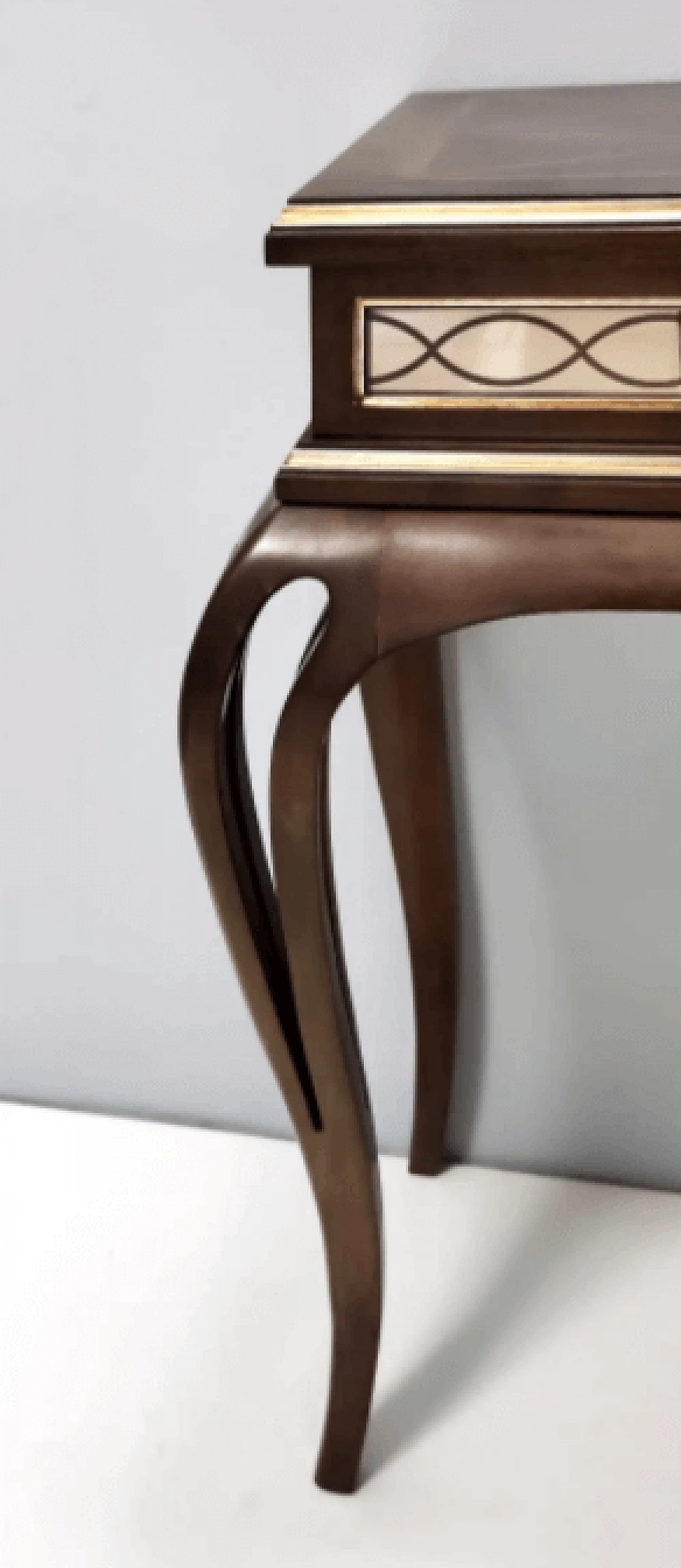 Rectangular solid walnut console table with engraved mirror motif, 1980s 11