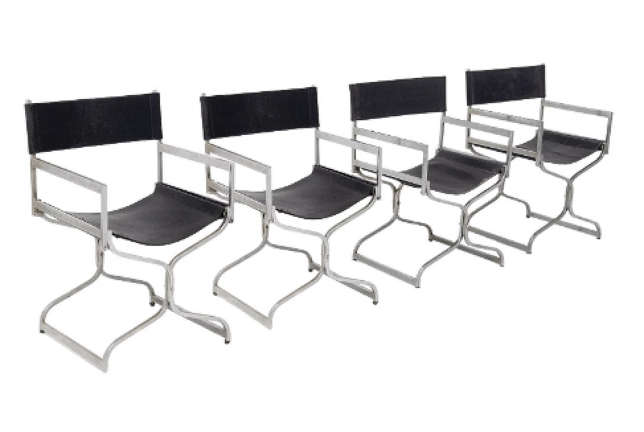 4 Steel and black leather folding chairs by Luigi Caccia Dominioni for Vips Residence, 1960s 1