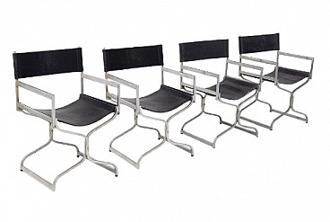 4 Steel and black leather folding chairs by Luigi Caccia Dominioni for Vips Residence, 1960s