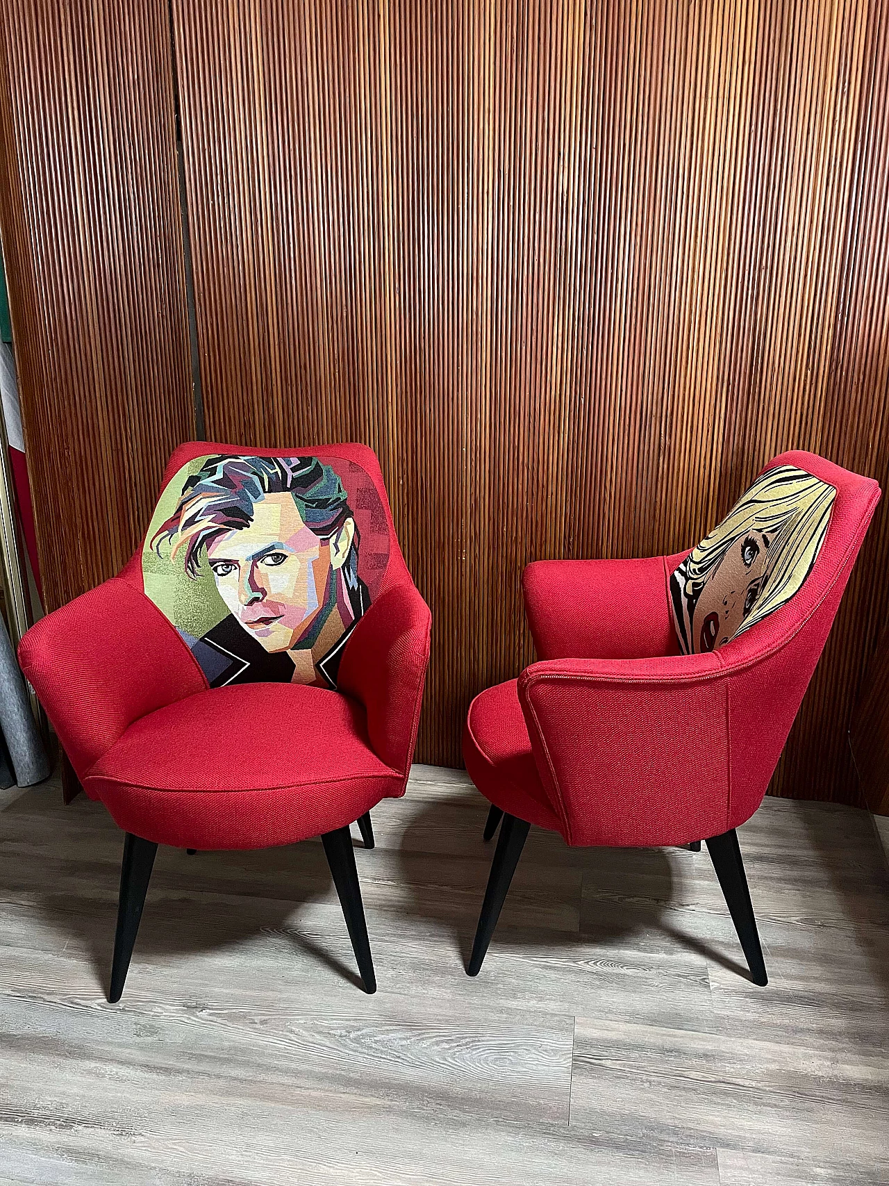 Pair of armchairs with Pop Art-inspired upholstery, 1950s 1