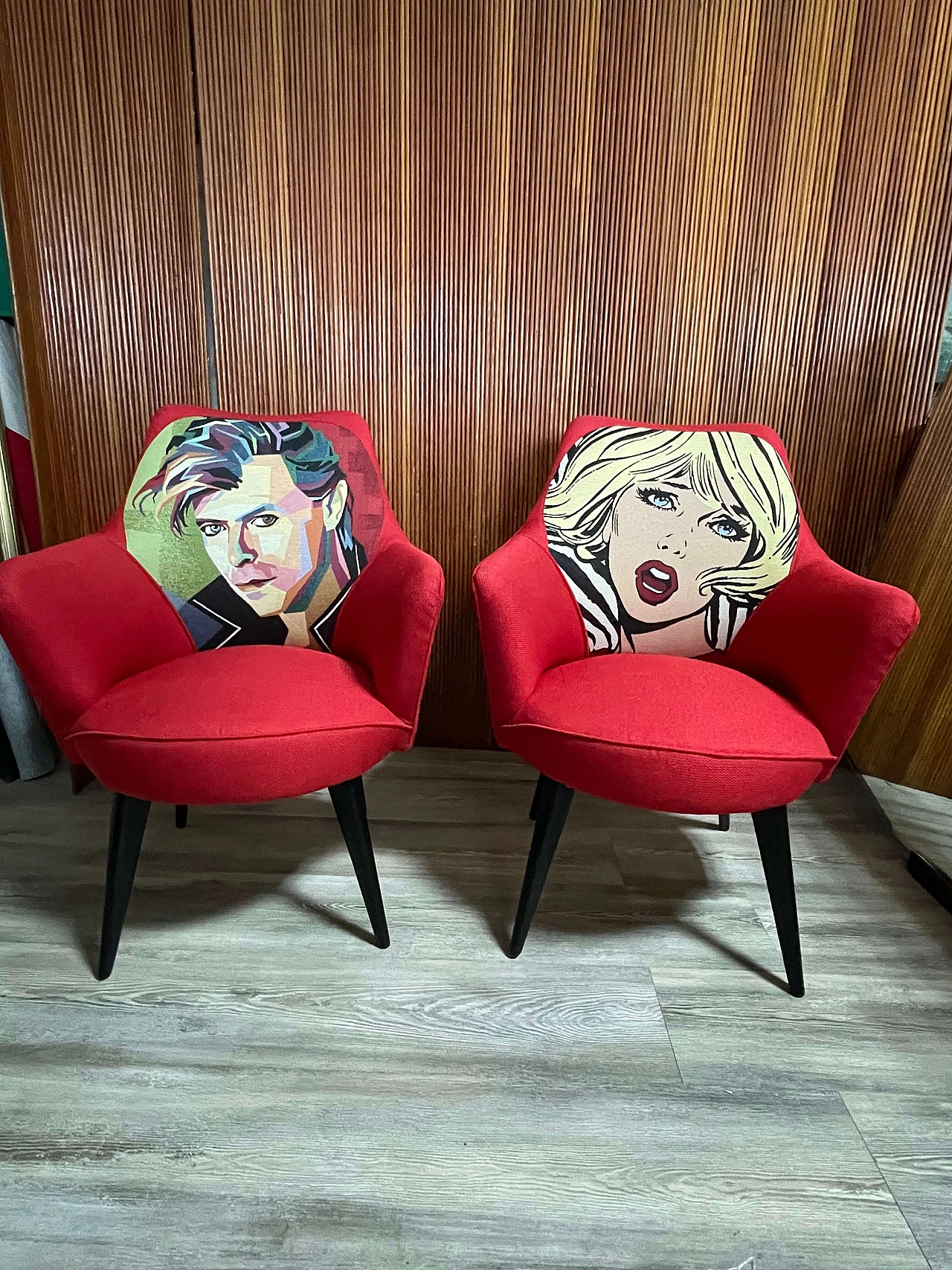 Pair of armchairs with Pop Art-inspired upholstery, 1950s 6