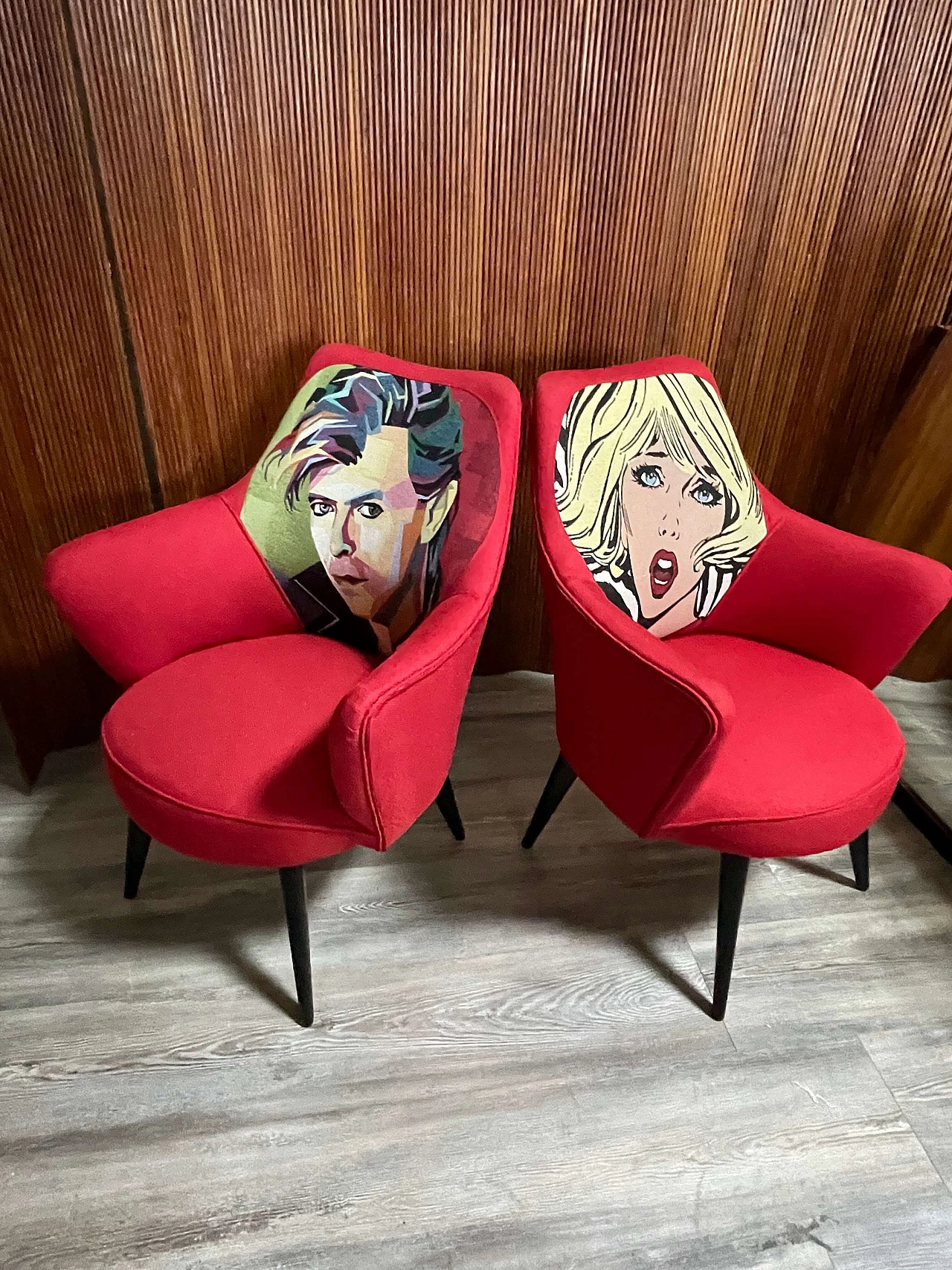 Pair of armchairs with Pop Art-inspired upholstery, 1950s 16