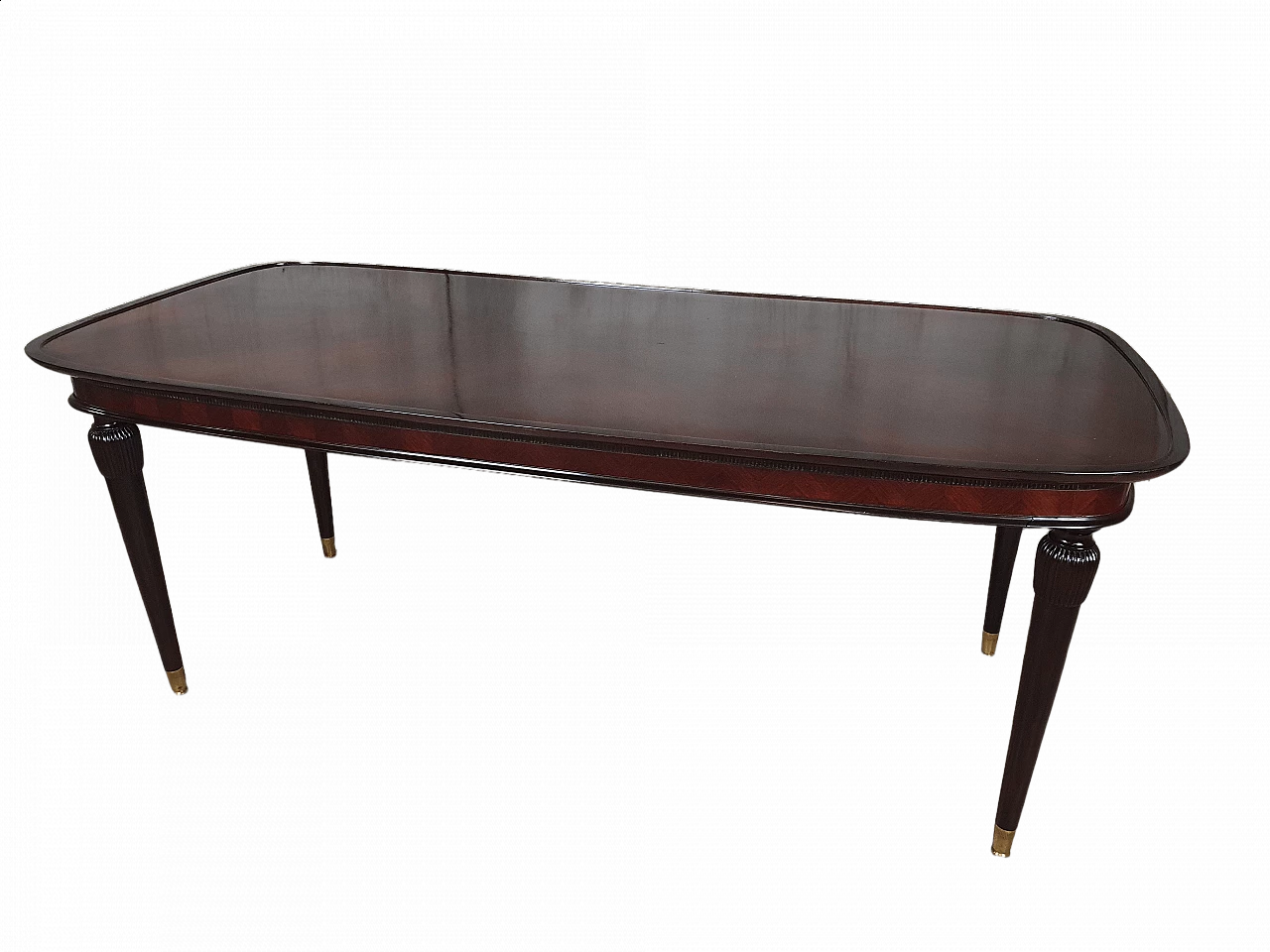 Tavolo da riunioni ovale in legno intarsiato e ottone, anni '60 33