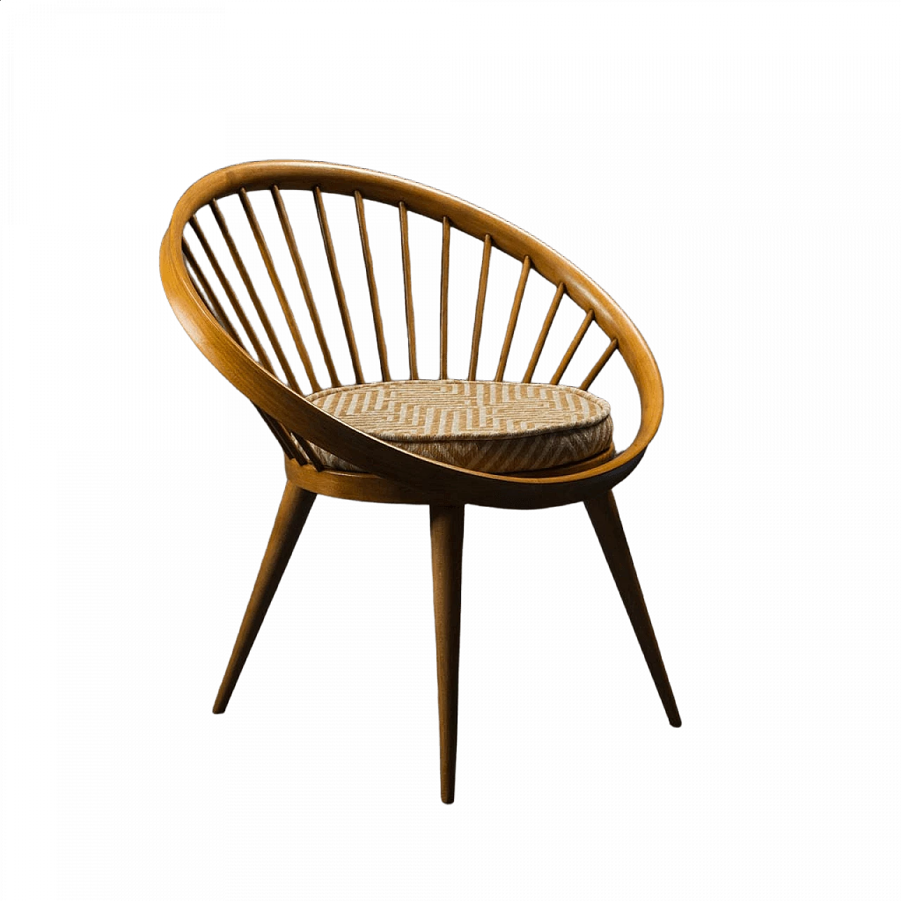 Poltrona circolare in legno con cuscino in tessuto, anni '60 12